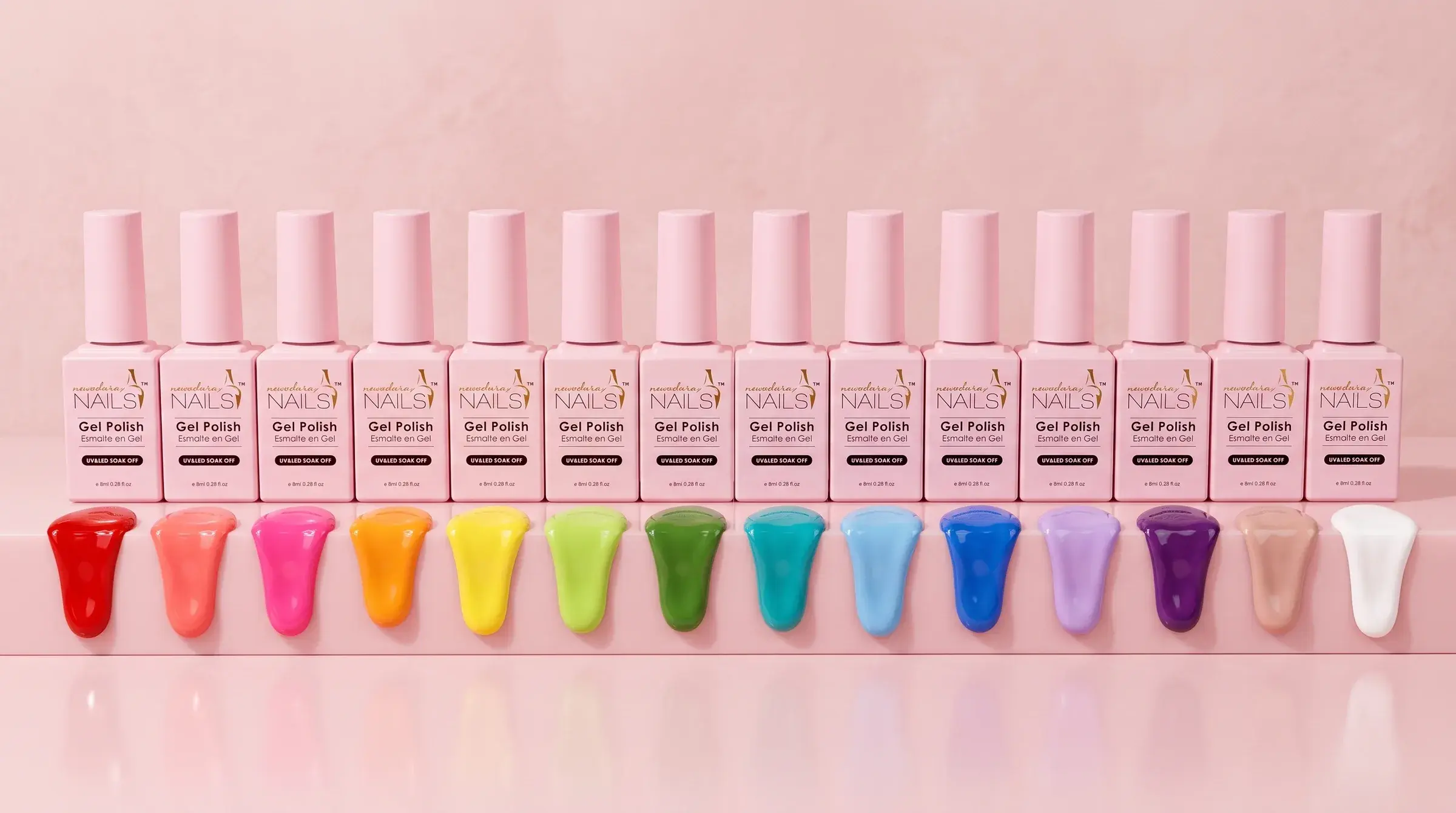 A row of pink New Adara gel polish bottles with a rainbow of gel color swatches in front