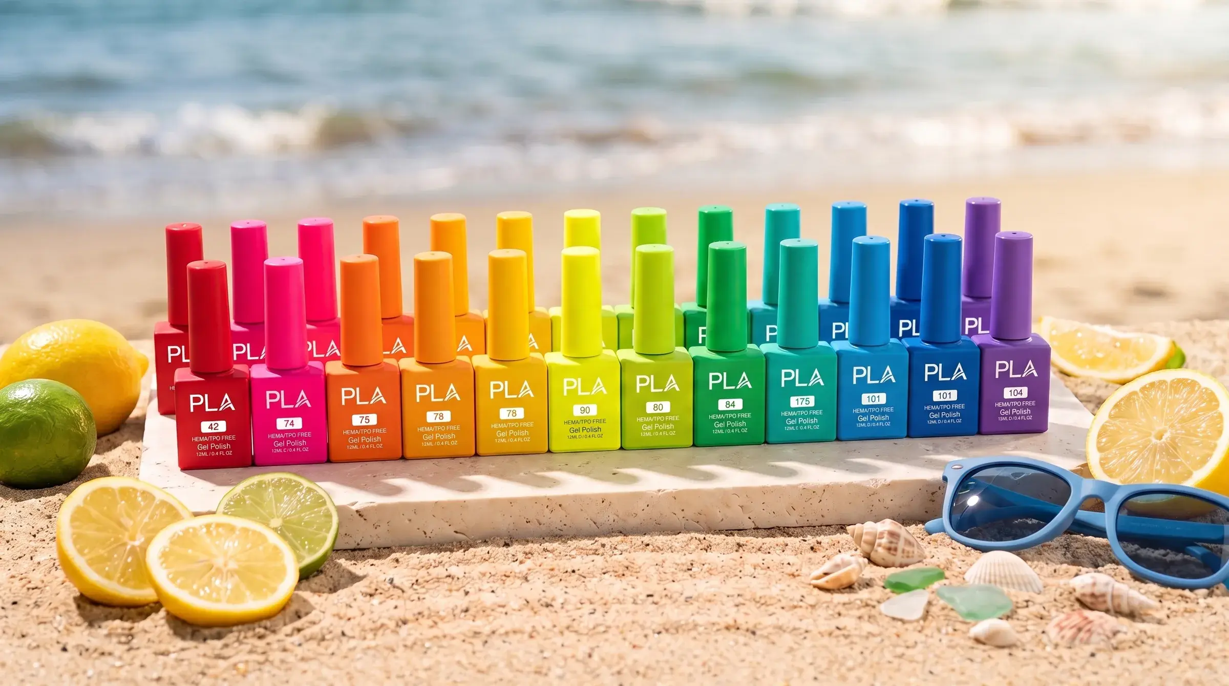 PLA gel polish bottles in rainbow colors on a stone slab on the beach, with lemons and sunglasses