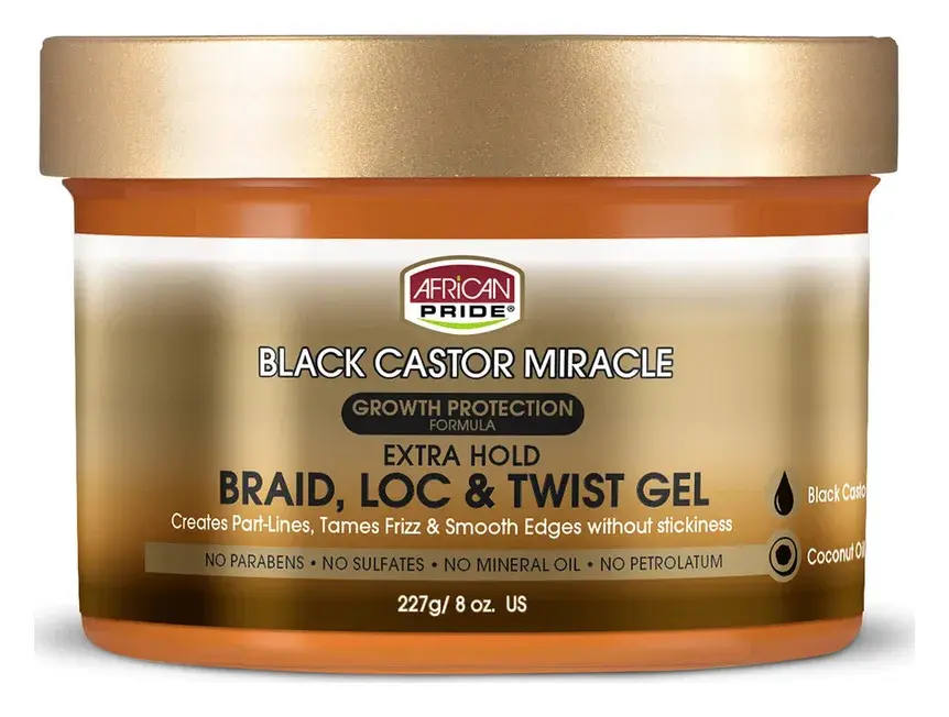 African Pride Black Castor Miracle Extra Hold Braid, Loc & Twist Gel 8 oz